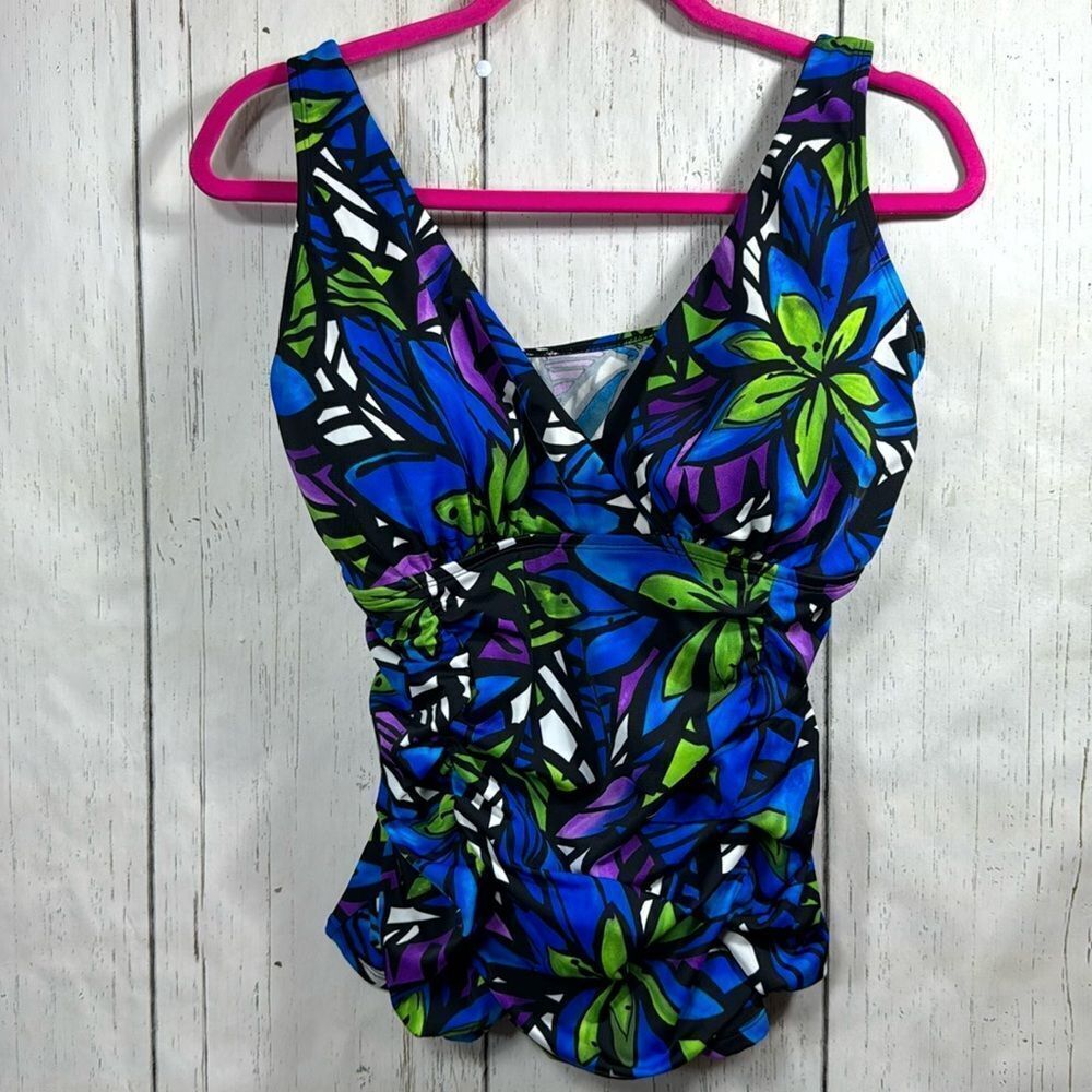 Longitude Womens Floral Blue Rushed V Neck Swim Beach Summer Tank